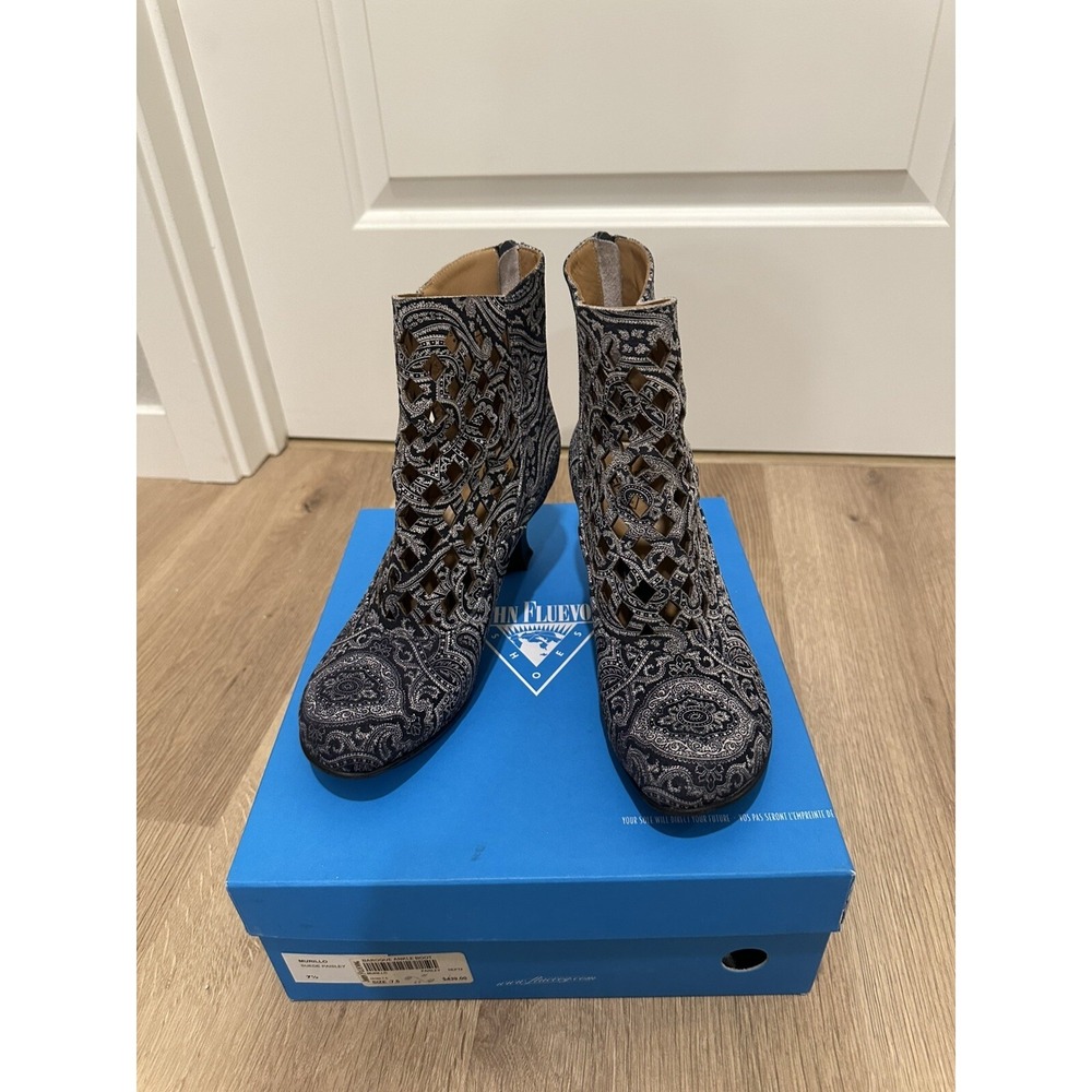John Fluevog Baroque Murillo Diamond-Perforated Boots Gray Paisley 7.5